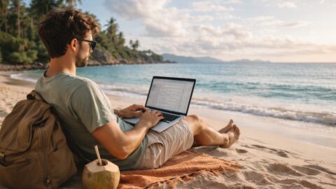 Man Working on Laptop at Tropical Beach