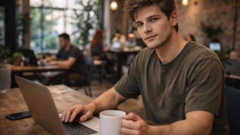 Man Working on Laptop in Cozy Cafe