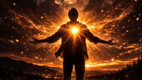 Man with Glowing Heart at Sunset