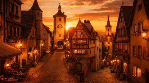 Medieval Town Street at Sunset