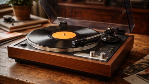 Record Player with Vinyl on Wooden Table