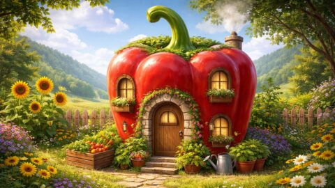 Red Pepper House in Blooming Garden