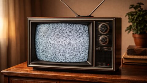 Retro Television with Static on Wooden Cabinet