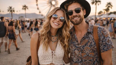 Smiling Festival Couple at Ferris Wheel