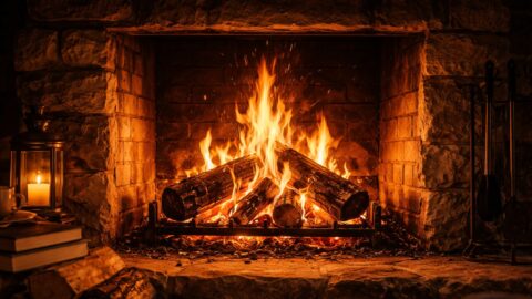 Stone Fireplace with Burning Logs