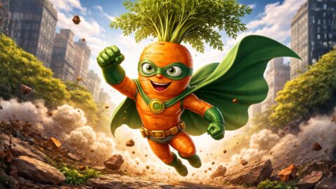Superhero Carrot Running Through City