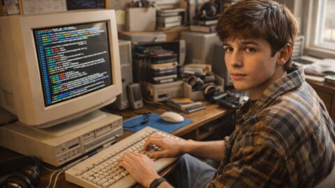 Teen Programmer Using Vintage Desktop Computer