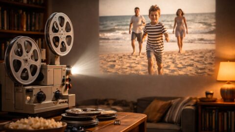 Vintage Film Projector with Family Beach Movie