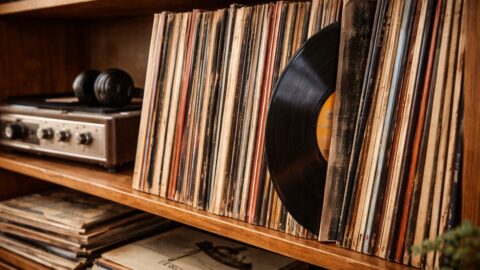 Vintage Vinyl Records on Wooden Shelf