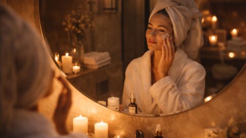 Woman Applying Face Cream by Candlelight
