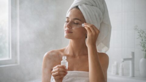 Woman Applying Facial Serum in Bathroom