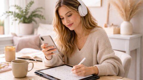 Woman Planning Schedule with Phone and Tablet