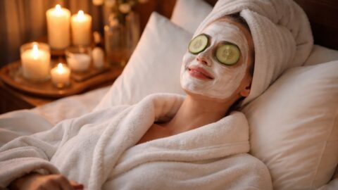 Woman Relaxing with Face Mask and Cucumber Slices