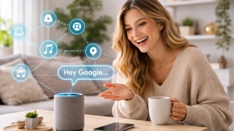 Woman Using Smart Speaker at Home