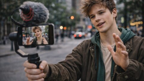 Young Man Filming a Street Vlog