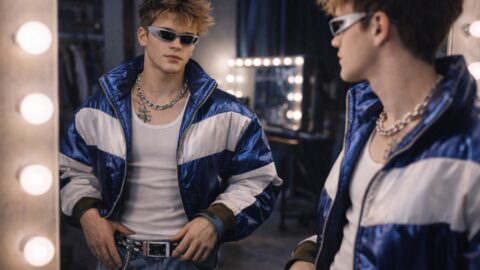 Young Man in Blue Jacket Mirror Portrait