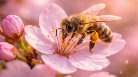 Bee on Cherry Blossom Close Up