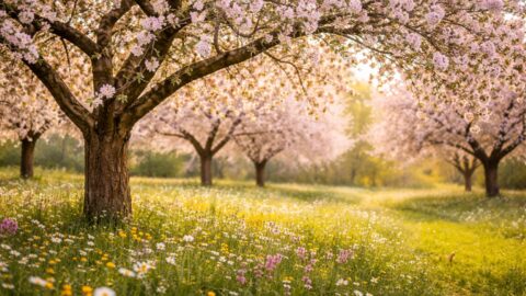 Blossoming Cherry Trees in a Spring Orchard