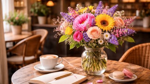 Colorful Flower Bouquet on Cafe Table