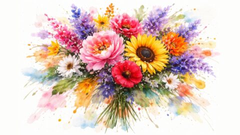Colorful Watercolor Bouquet with Sunflower and Peonies