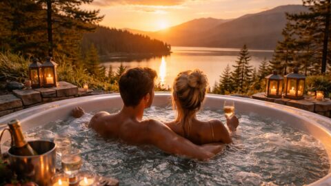 Couple Relaxing in Hot Tub at Sunset