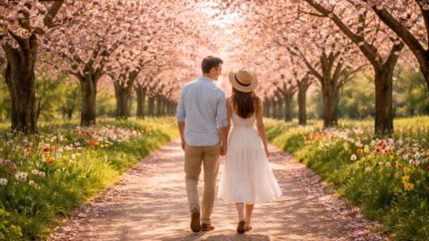 Couple Walking Under Cherry Blossoms