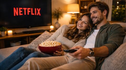 Couple Watching Netflix with Popcorn at Home