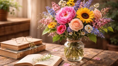 Cozy Floral Bouquet with Books on Rustic Table