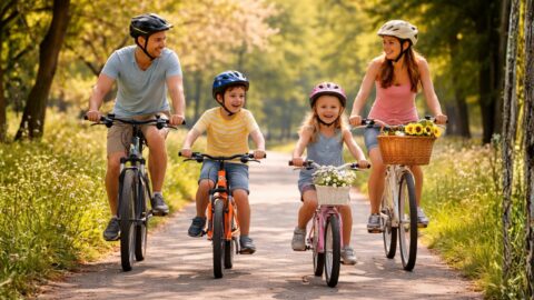 Family Cycling Together in Sunny Park