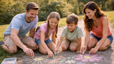 Family Drawing with Chalk in Park