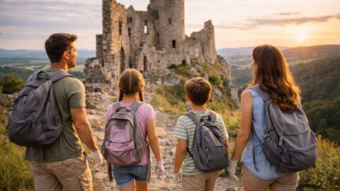 Family Exploring Castle Ruins at Sunset
