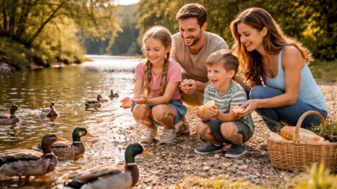 Family Feeding Ducks by Lakeside