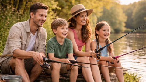 Family Fishing by Peaceful Lake