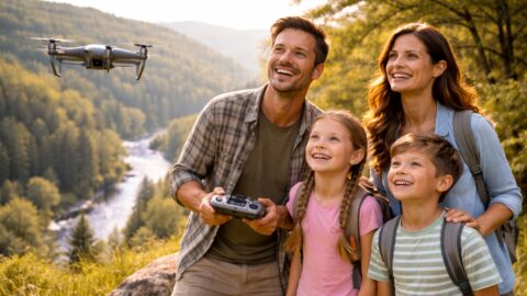 Family Flying Drone in Mountain Valley