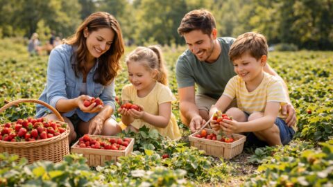 Family Picking Strawberries Together