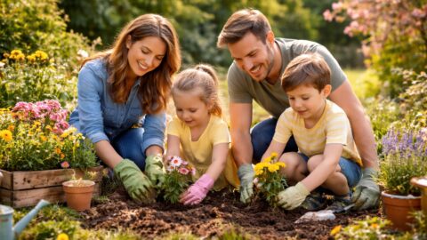 Family Planting Flowers in Garden