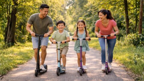 Family Riding Scooters in Park