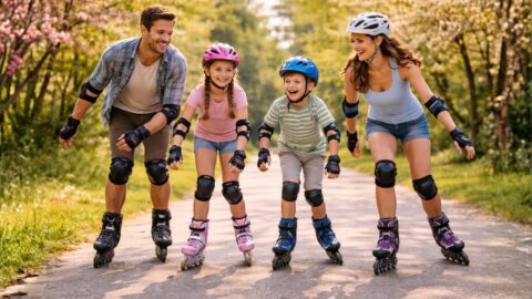 Family Roller Skating on Park Path