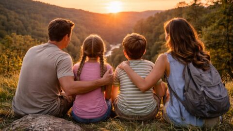 Family Watching Sunset Over Valley