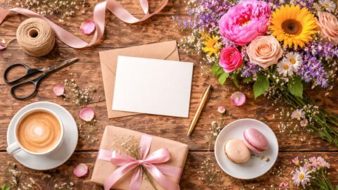 Floral Gift Flat Lay with Card and Coffee