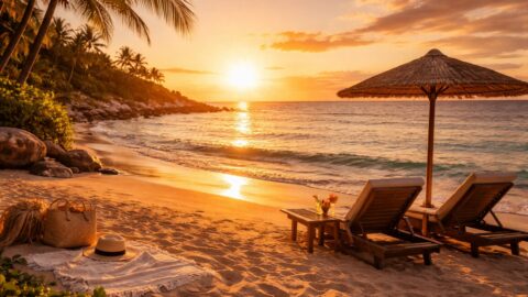 Golden Sunset Beach With Loungers
