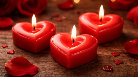 Heart Candles on Wooden Table