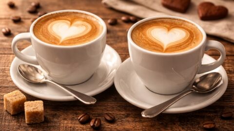 Heart Latte Cups on Wooden Table