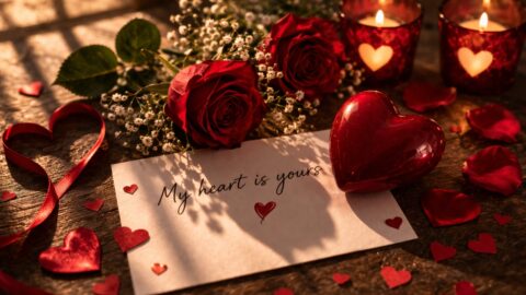 Love Note with Roses and Heart Candlelight
