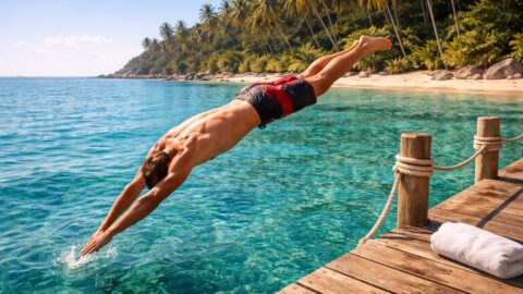 Man Diving From Tropical Pier