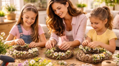 Mother and Daughters Making Daisy Wreaths