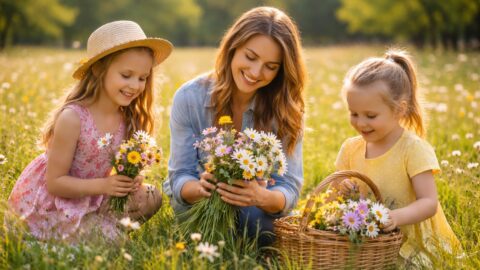 Mother and Daughters Picking Wildflowers