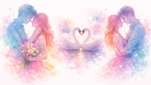 Pastel Romance with Swans and Couple