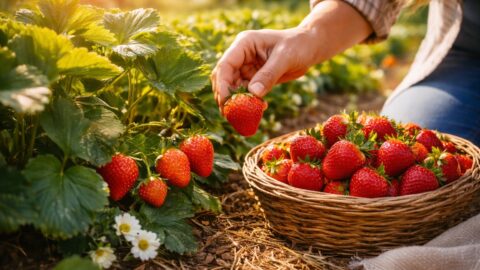 Picking Fresh Strawberries at Sunset