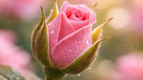 Pink Rosebud with Dew in Soft Morning Light